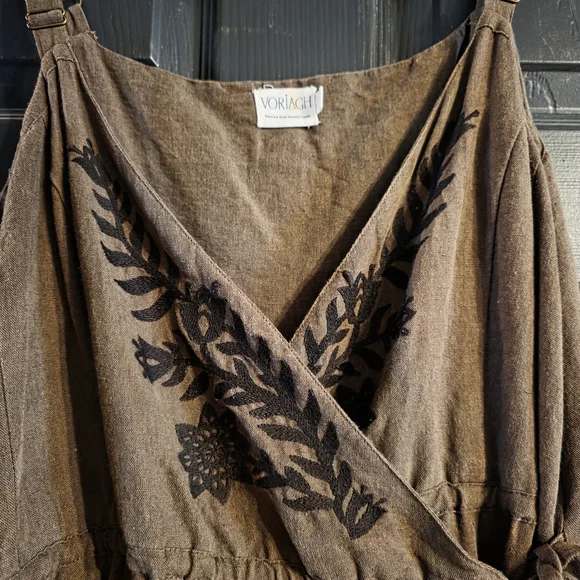 Voriagh Linen Olive Brown Wrap Dress Embroidered - Picture 2 of 7